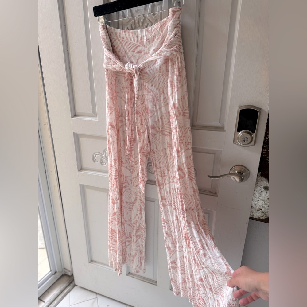 REWASH Wide Leg Pants Tropical Pink And White Tie Waist (L)